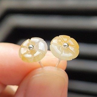 嗨，寶貝銀飾珠寶* 翡翠飾品☆925純銀 天然緬甸玉保A貨 造形設計款 花卉造形 冰種鴛鴦黃翡 玉扣翡翠 耳釘 耳環27