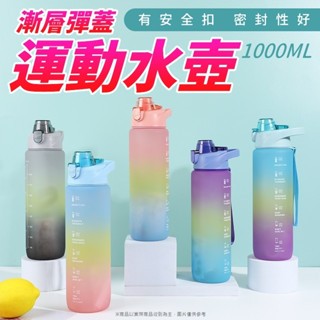 【赤柑生活】漸層彈蓋運動水壺-1000ML 時間刻度太空杯 彈跳蓋水瓶 健身水壺 大容量水壺吸管杯