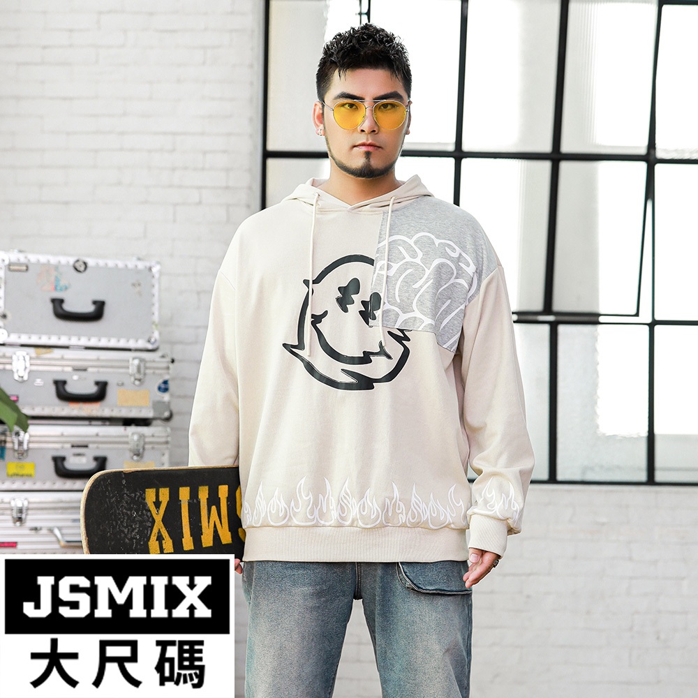 JSMIX大尺碼服飾-大尺碼拼接笑臉重磅連帽T恤【34JW8502】