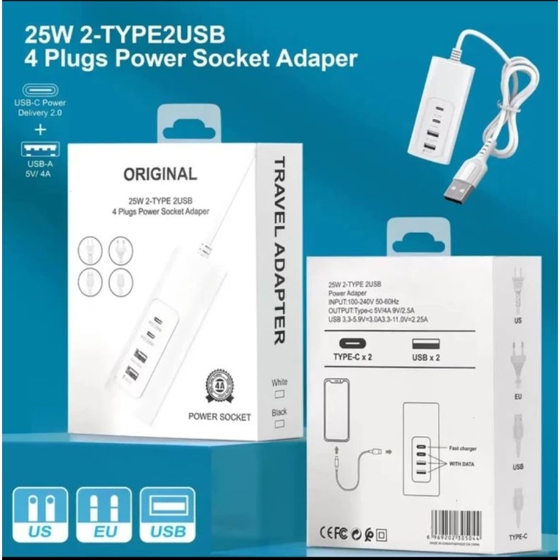 雙USB+PD排插 4A USB手機插頭 多功能電源多USB Type C PD 25W 快速充電器,電源插座