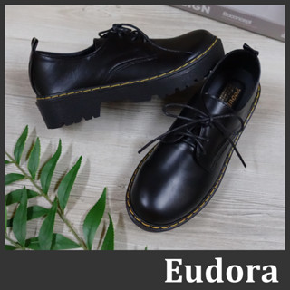 【Eudora】MIT臺灣製 學生鞋 牛津鞋 黑色皮鞋 厚底馬丁鞋 圓頭皮革綁帶三孔 厚底軟底 馬丁鞋 小皮鞋 厚底鞋