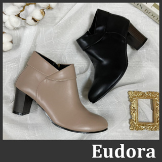 【Eudora】MIT台灣製 皮短靴 跟靴 高跟短靴 靴子 拉鍊短靴 踝靴裸靴 皮靴 皮革反摺高跟粗根 馬靴 短靴 低筒