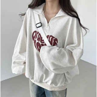 Vuja de polo領衛衣 大學t 薄衛衣 oversize 翻領長袖衛衣 秋冬上衣 愛心印花 韓版衛衣 刷毛 衣服
