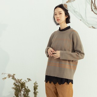 【MOSS CLUB】 撞色幾何圖案長袖針織上衣 綠 駝 (魅力商品)