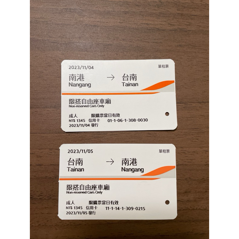 高鐵票根 南港-台南 來回 11月份