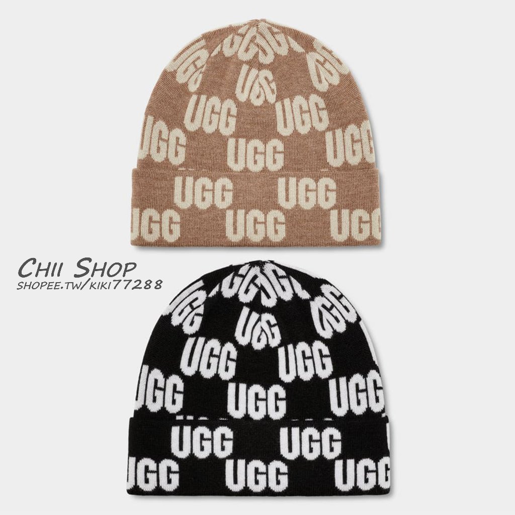 【CHII】日本 UGG Checked Graphic Logo Beanie 羊毛毛帽 滿版LOGO 焦糖棕 黑色