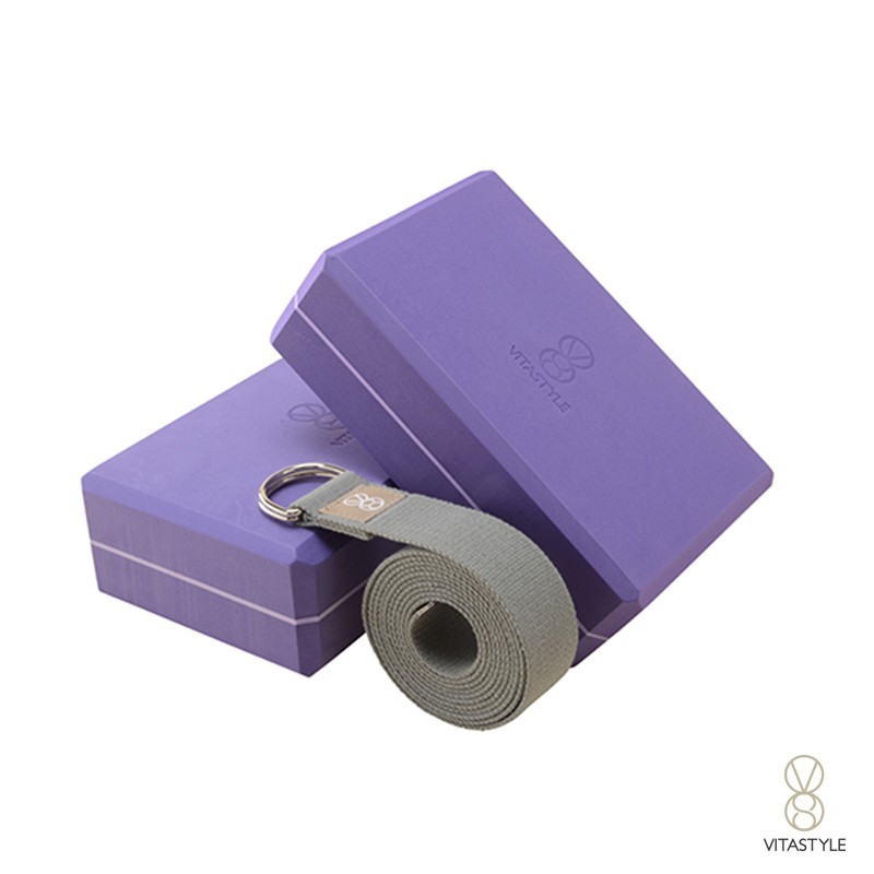 【VITASTYLE】2個加厚紫色瑜珈磚 + 1條灰色瑜珈棉繩(鐡扣) 優惠套組【台灣製】