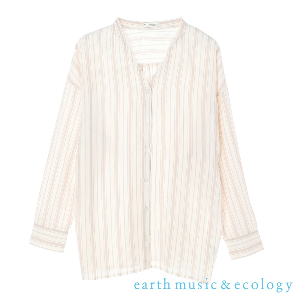 earth music&amp;ecology 亞麻混紡條紋V領襯衫上衣(1L22L0A0440)