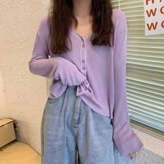 GUGUPLUS 中大尺碼女裝 韓版開衫薄款V領長袖針織衫外套 長袖上衣 長袖開衫外套女