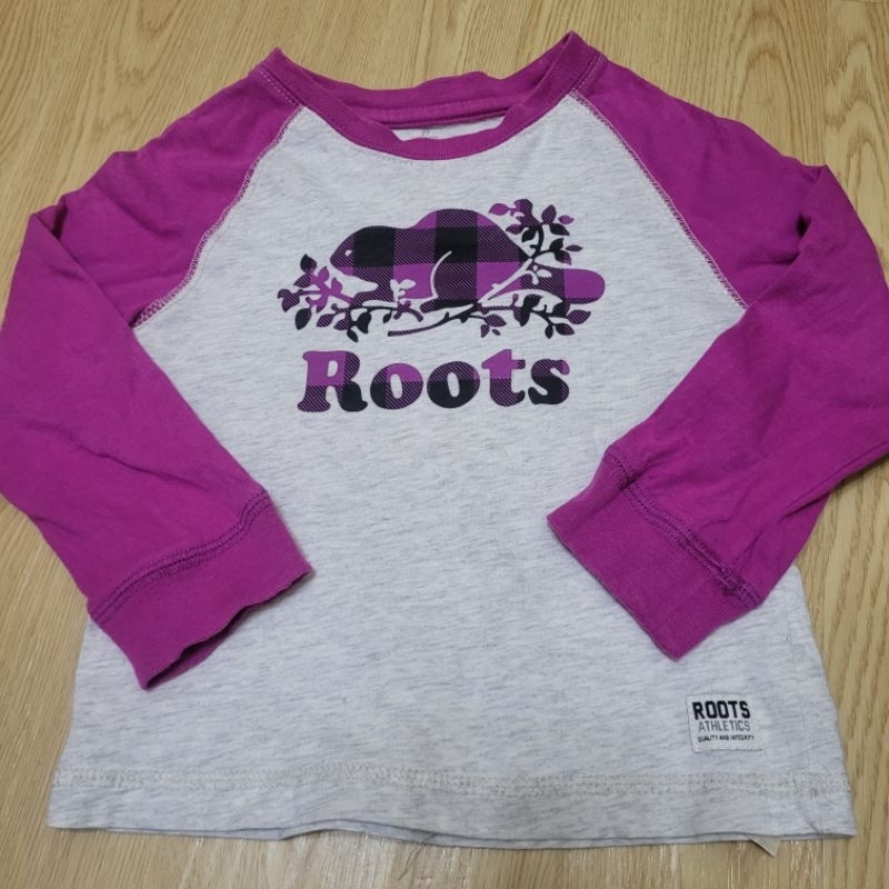 roots kids 女童 薄長 大logo 紫色 長袖 上衣 2T