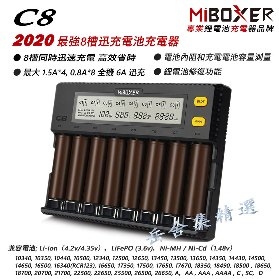 MiBoxer C8 8槽 1.5A*4 全機6A快充 電池充電器 具有電池修復 內阻容量測量 可充 鋰電池 鎳氫 鋰鐵