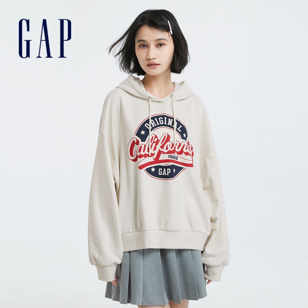 Gap 女裝 Logo印花帽T 碳素軟磨法式圈織系列-米色(762597)