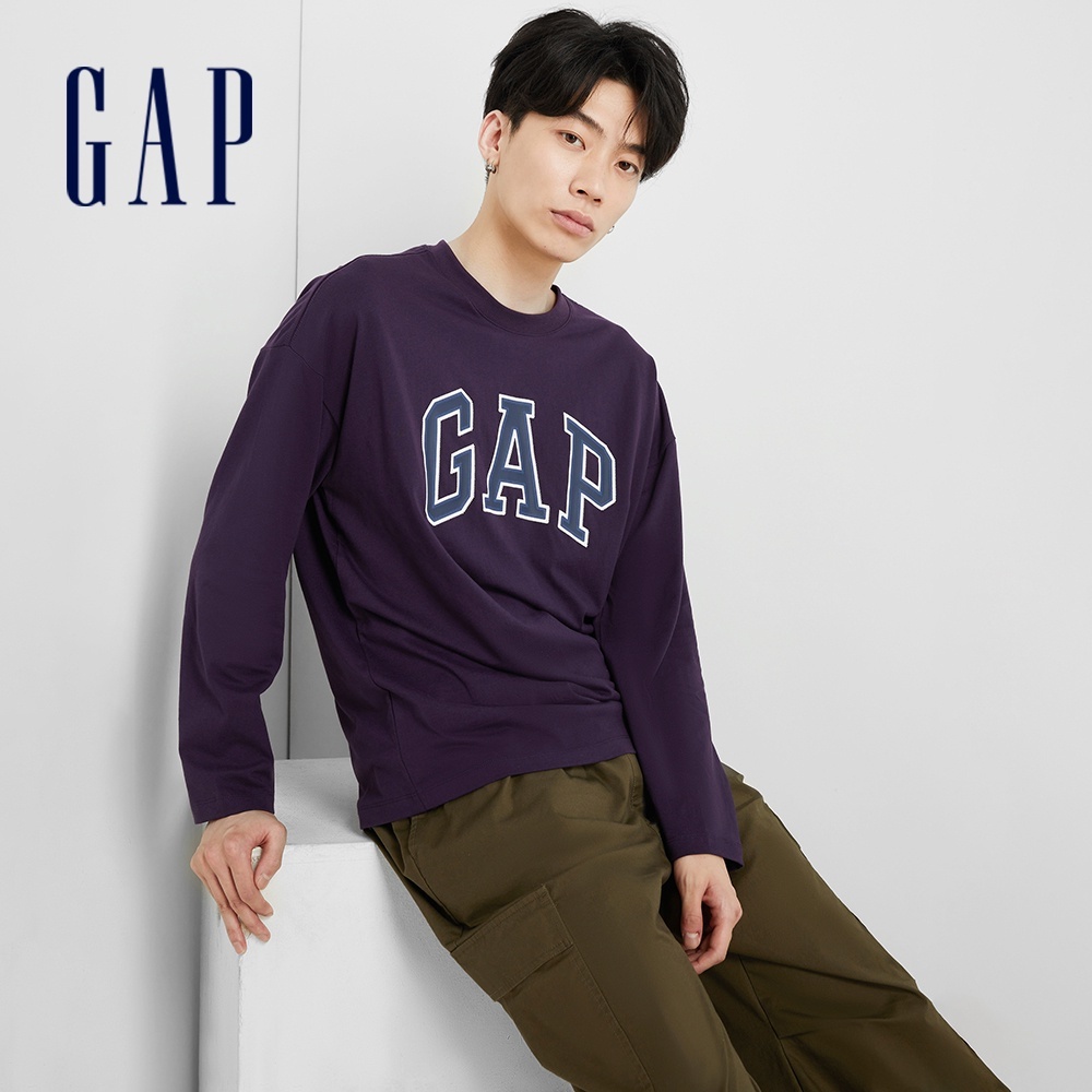 Gap 男女同款 Logo長袖T恤 厚磅密織親膚系列-深紫色(451047)