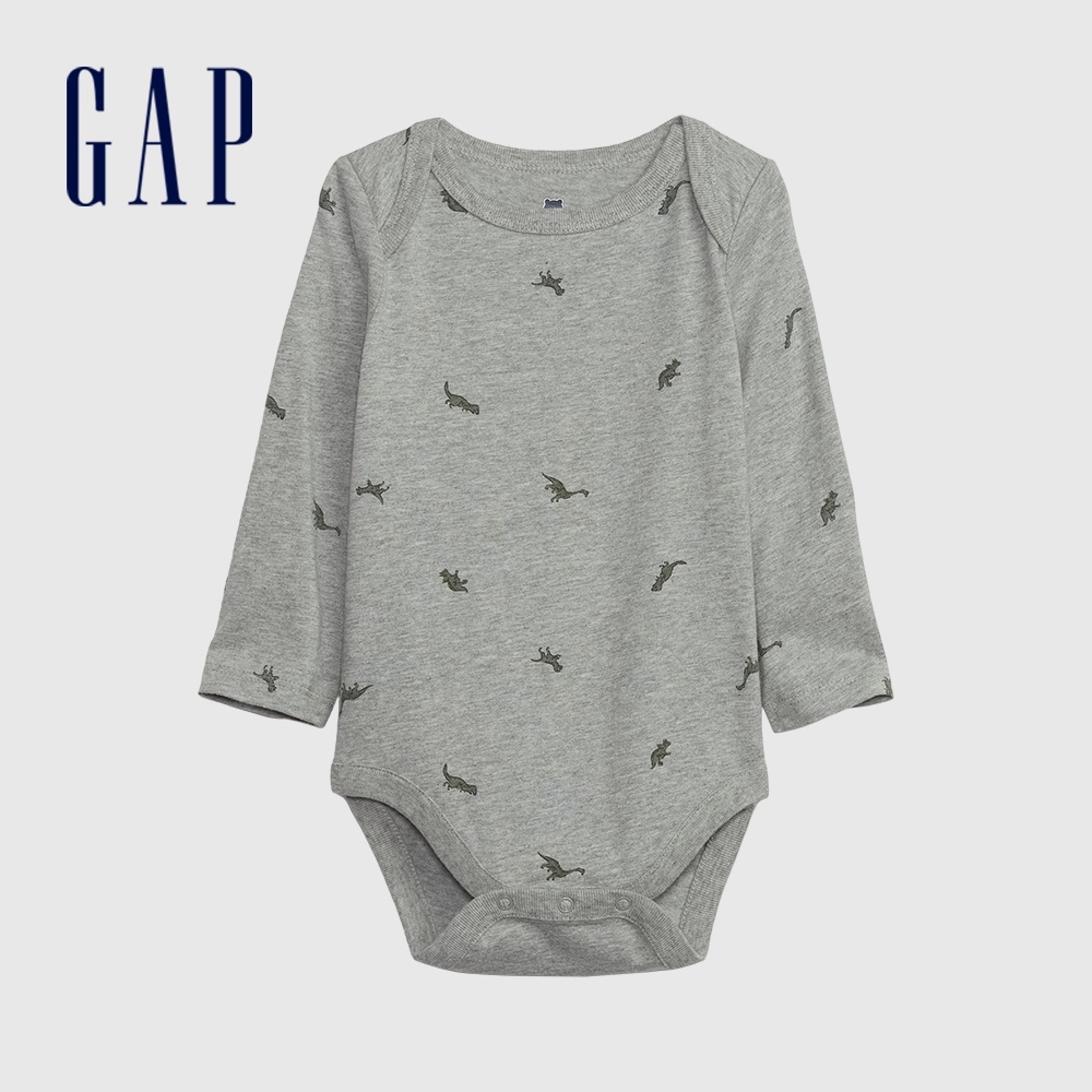 Gap 嬰兒裝 印花圓領長袖包屁衣-灰色(787453)