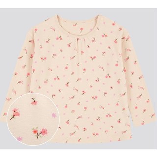 二手品，售米色系，日本Uniqlo 品牌，嬰幼兒 柔軟棉質 滿版花朵印花 純棉長袖圓領T恤 上衣 100cm