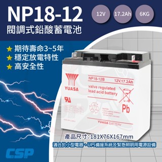 【CSP】YUASA湯淺NP18-12B鉛酸電池12V17.2Ah 電動儀器裝置 無人搬運機 電動工具 UPS系統