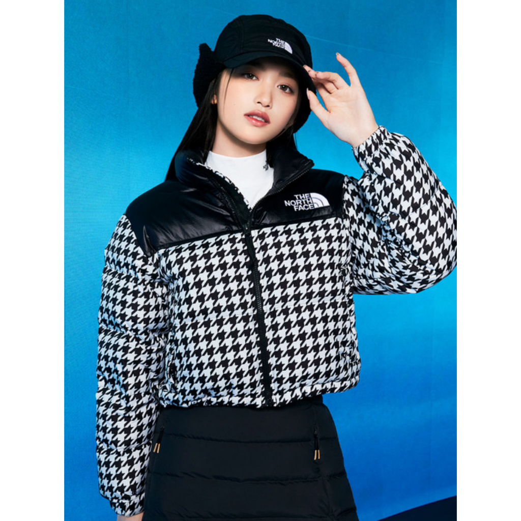 韓國北臉 2023秋冬 女裝 W'S NOVELTY NUPTSE SHORT JACKET 千鳥紋短版高領防水羽絨外套