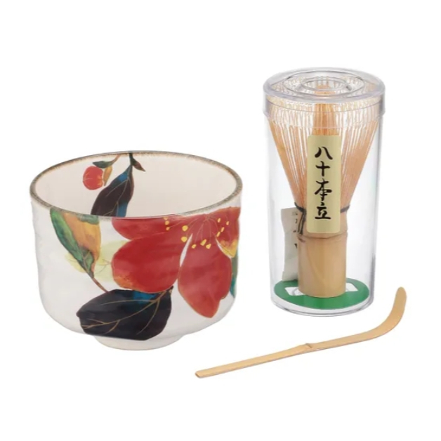 日本 美濃燒 山茶花 櫻花 茶道具茶碗 抹茶碗 茶道三件組合 附盒裝