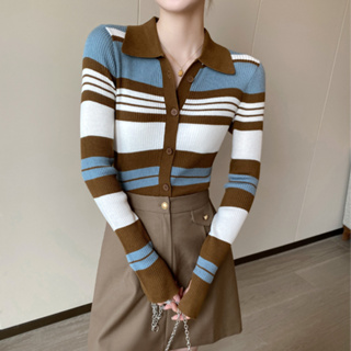 雅麗安娜 毛衣 針織衫 打底衫 撞色條紋polo領針織開衫秋季復古顯瘦毛衣小外套TBF15-7856.