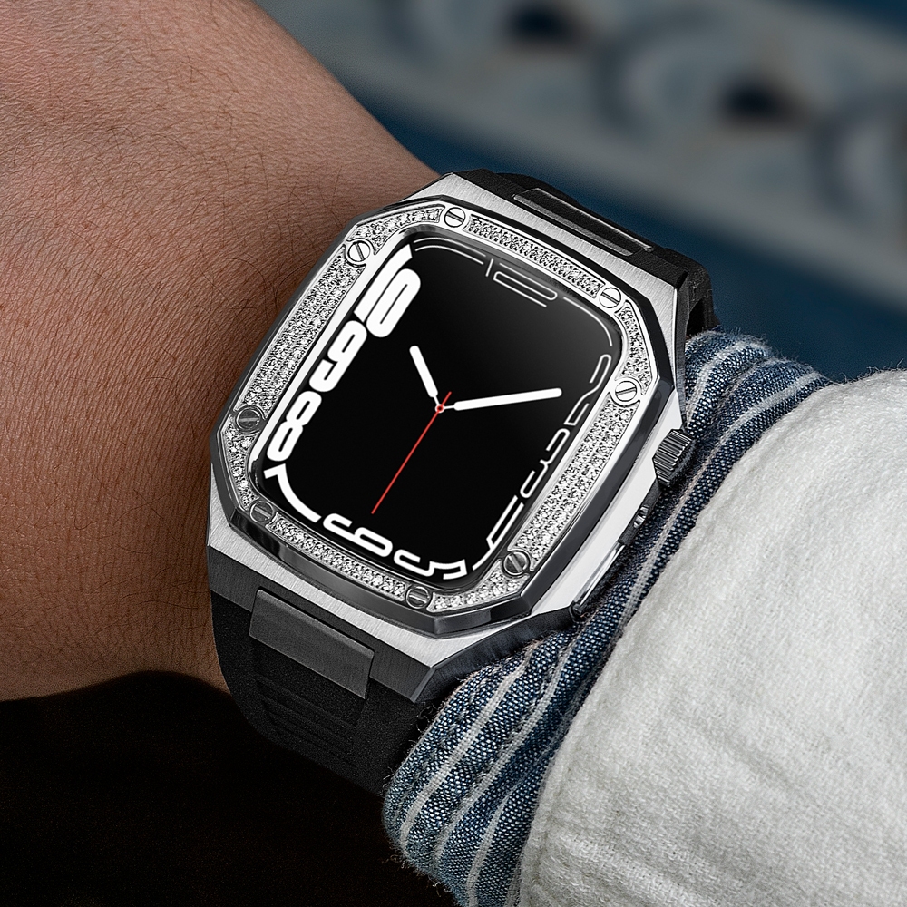 Apple Watch 改裝 橡樹AP錶帶 矽膠 防水 7 S8 S9代 45MM 鑽框 不鏽鋼 錶殼 錶帶 保護殼