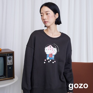 【gozo】紅白湯圓扭蛋機剪接刷毛大學T(深灰/淺綠_F) | 女裝 圓領 休閒