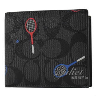 【茱麗葉精品】COACH C8267 經典LOGO網球拍印花 6卡短夾.黑灰 現貨在台