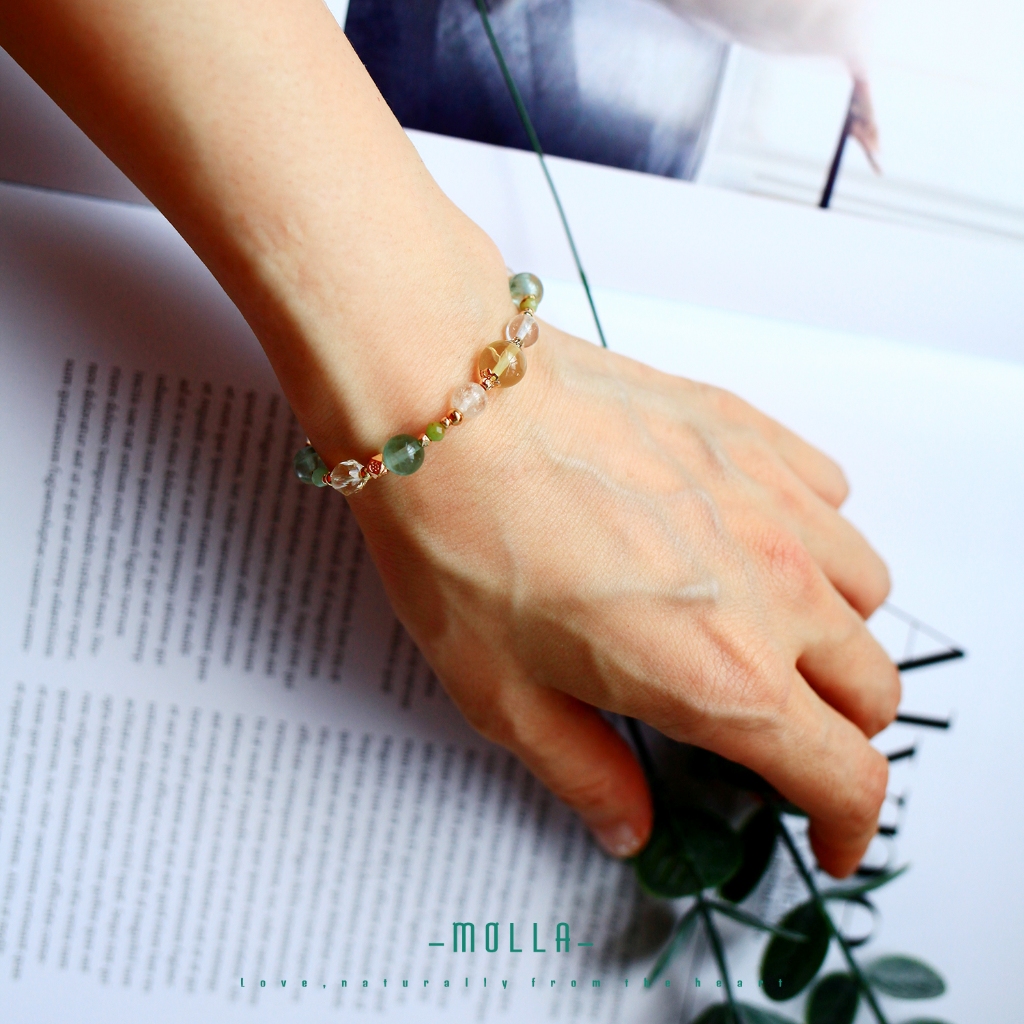 Molla 艷陽森林黃水晶白水晶綠螢石手環（手工訂製-可調仿硬式手環）