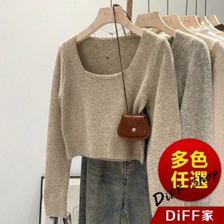 【DIFF】韓版方領顯瘦短版毛衣 針織上衣 長袖上衣 女裝 衣服 冬裝 發熱衣【W394】