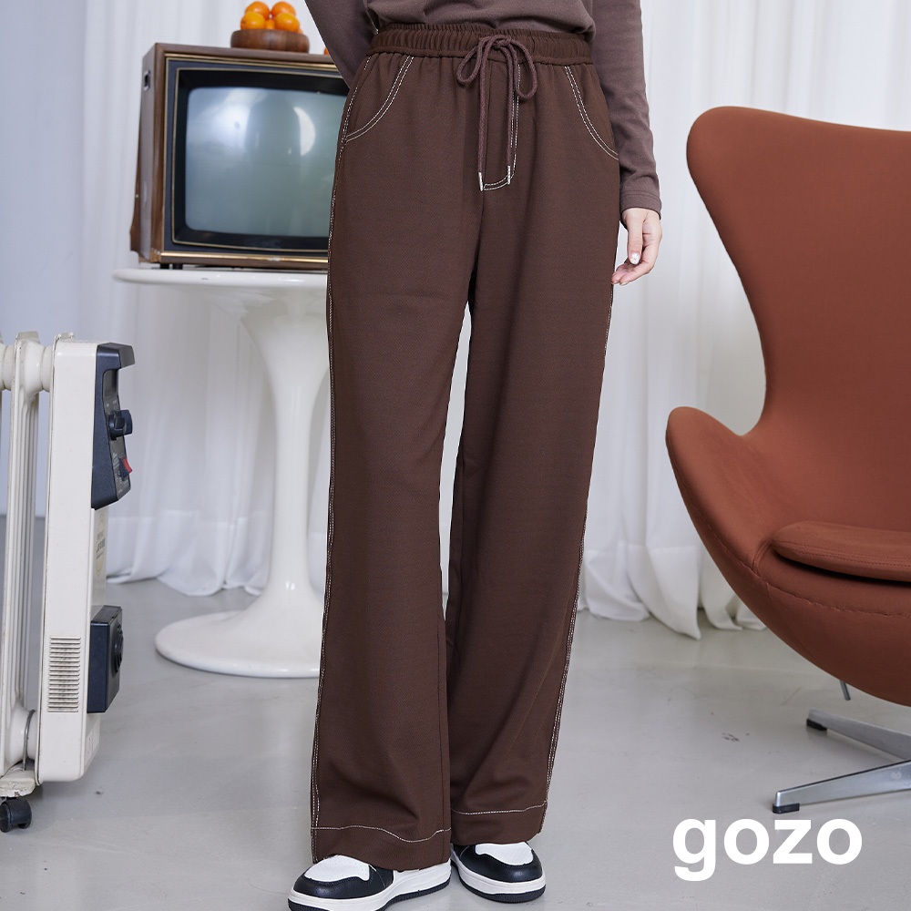 【gozo】壓線抽繩鬆緊針織長褲(黑色/深咖_F) | 女裝 修身 休閒
