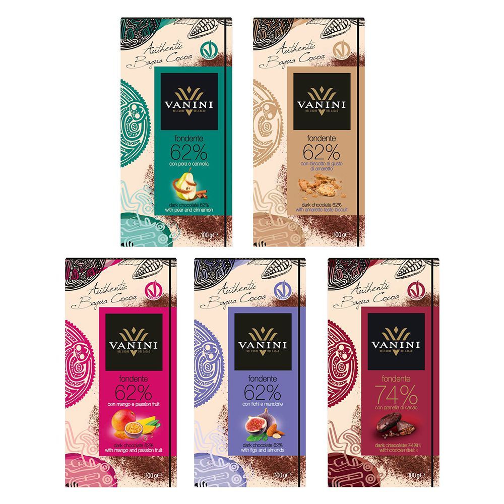 VANINI醇黑夾心巧克力100g(可可碎粒、西洋梨&amp;肉桂、杏仁甜 酒 風味、芒果&amp;百香果、無花果&amp;杏仁)