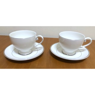 日本 MIKASA HK301 白色 銀邊 咖啡杯組 對杯 2杯2盤