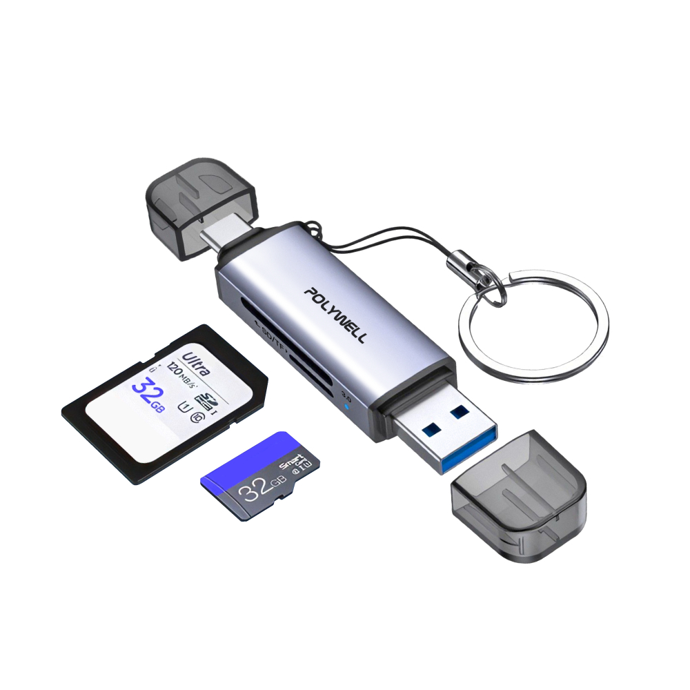 POLYWELL USB3.0 SD/TF高速讀卡機 USB-A Type-C雙插頭 附掛繩 寶利威爾