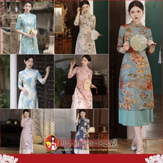 印花七分袖奧黛旗袍 復古中國風經典改良式 日常宴會時尚修身顯瘦A擺連身裙洋裝S-4XL加大-七色-水水女人國
