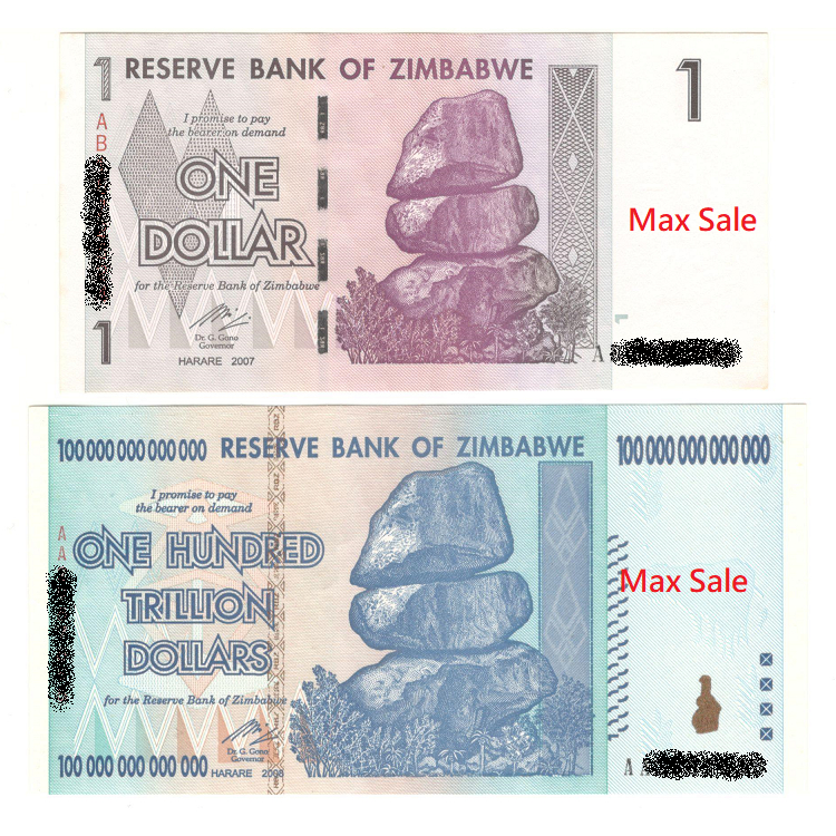 辛巴威100兆紙鈔(2008年)+1元(2007年)