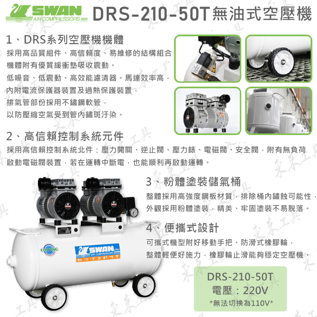 220V 天鵝牌 DRS210-50T 無油式 空壓機 也有110V 50公升 SWAN 打氣機 風槍 胎壓錶