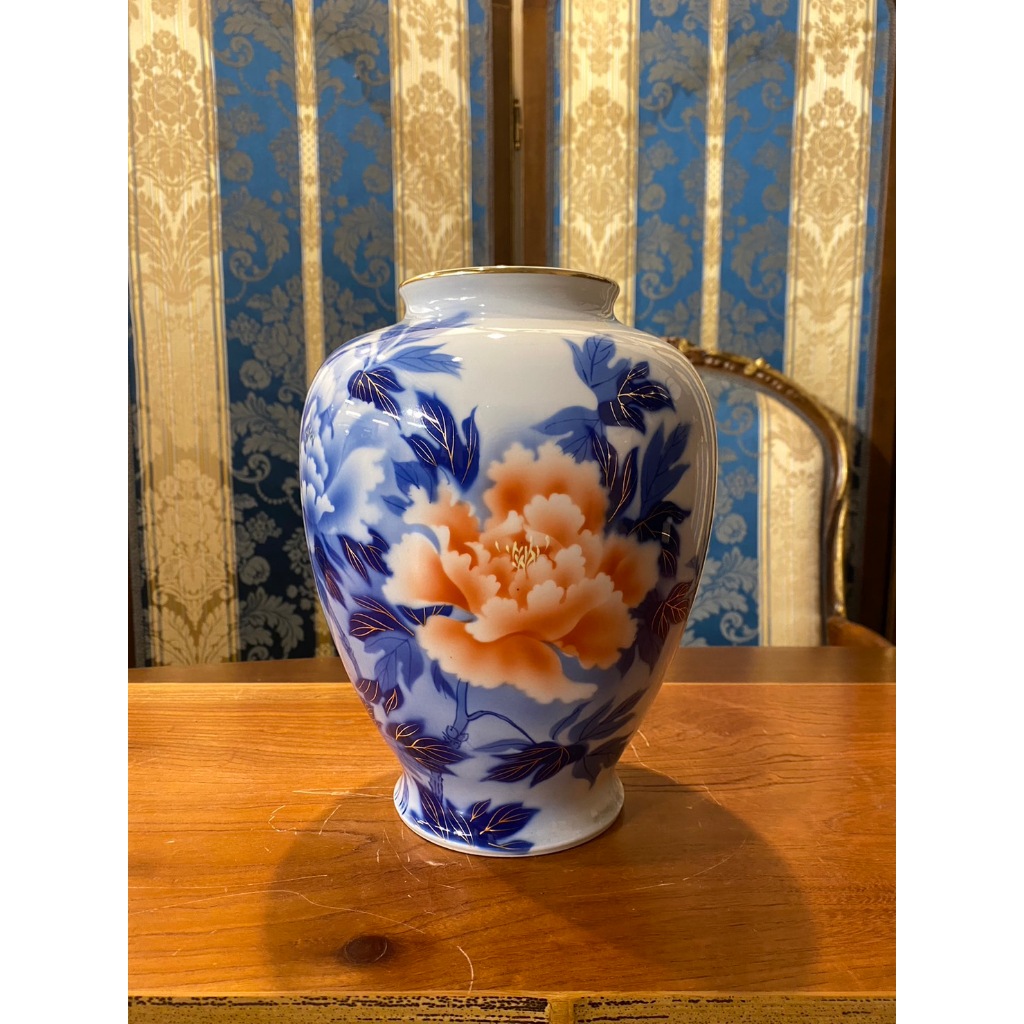 【一点會古美術】Vintage 日本皇室御用款深川製 牡丹花卉紋花瓶 花器 古物 收藏 生活 藝術 老物