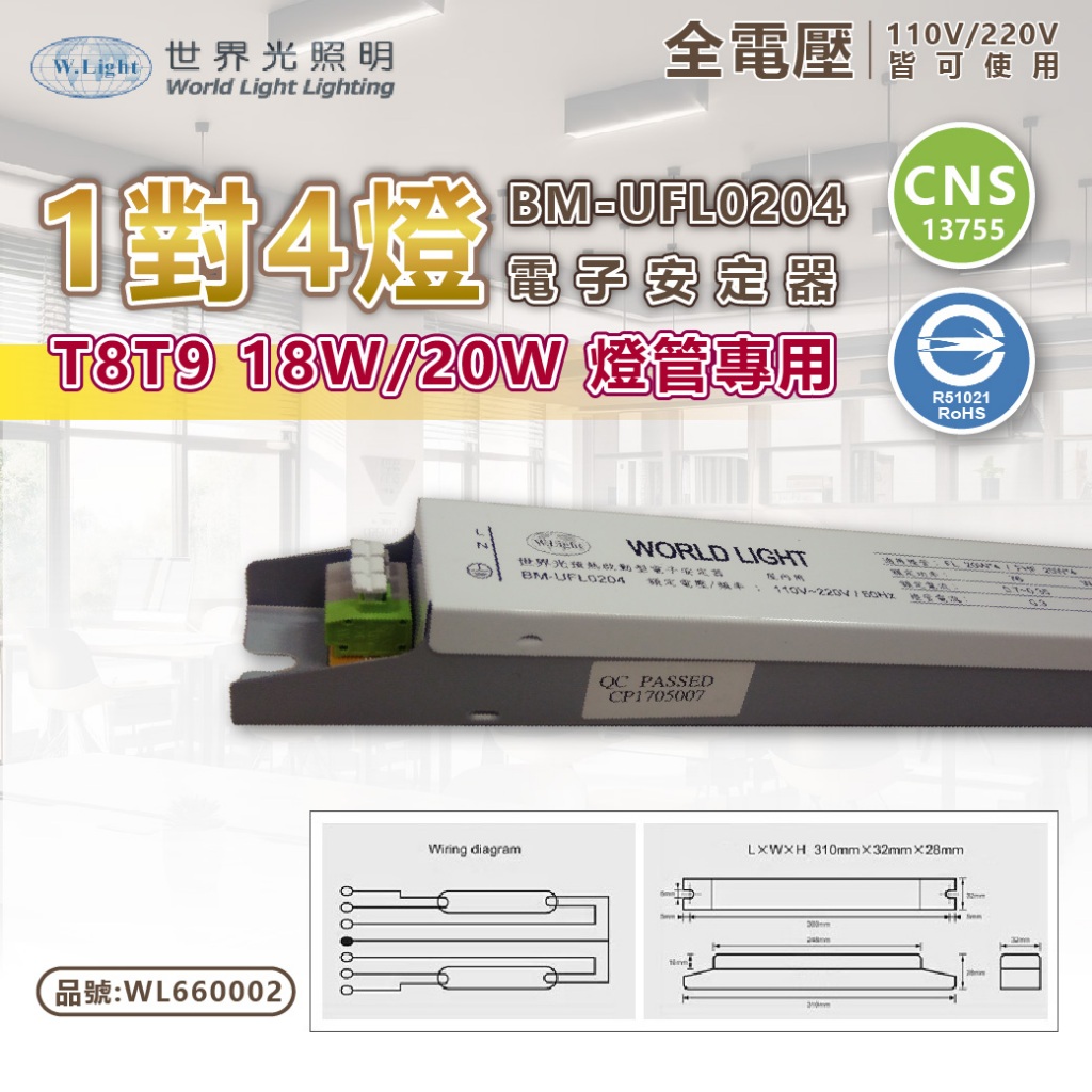 [喜萬年] 含稅 世界光 BM-UFL0204 T8 T9 FL18W 20W 4燈 全電壓 預熱式電子安定器 燈管維修