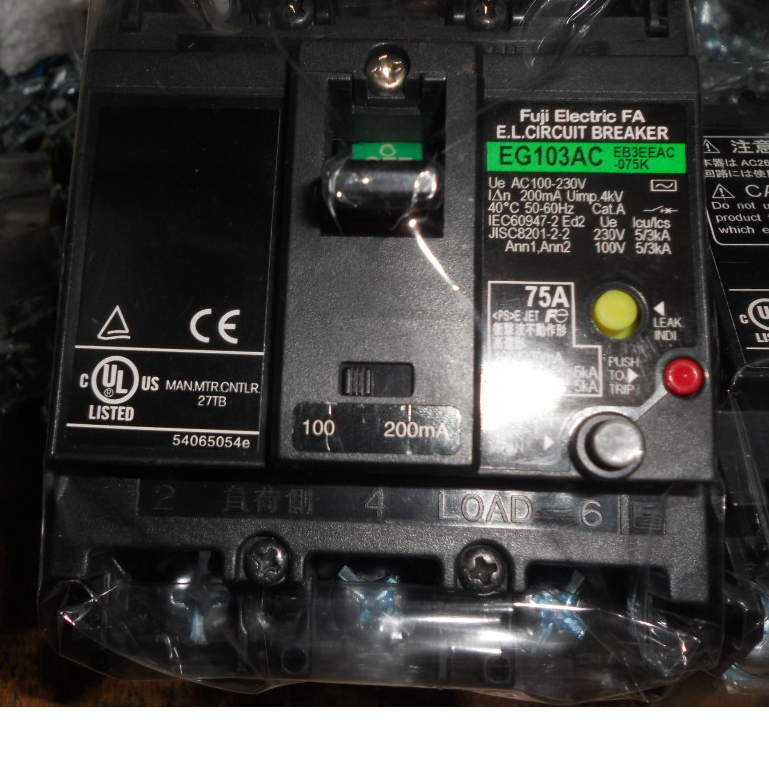 日本富士漏電開關EG103AC 3P 75A 100A漏電斷路器100-230V適用100.200mA 5K (D2