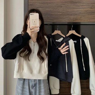S-4XL 大尺碼帽t 大學t女 長袖上衣 衛衣 薄款上衣寬鬆連帽小個子短款撞色拼接衛衣外套女春秋