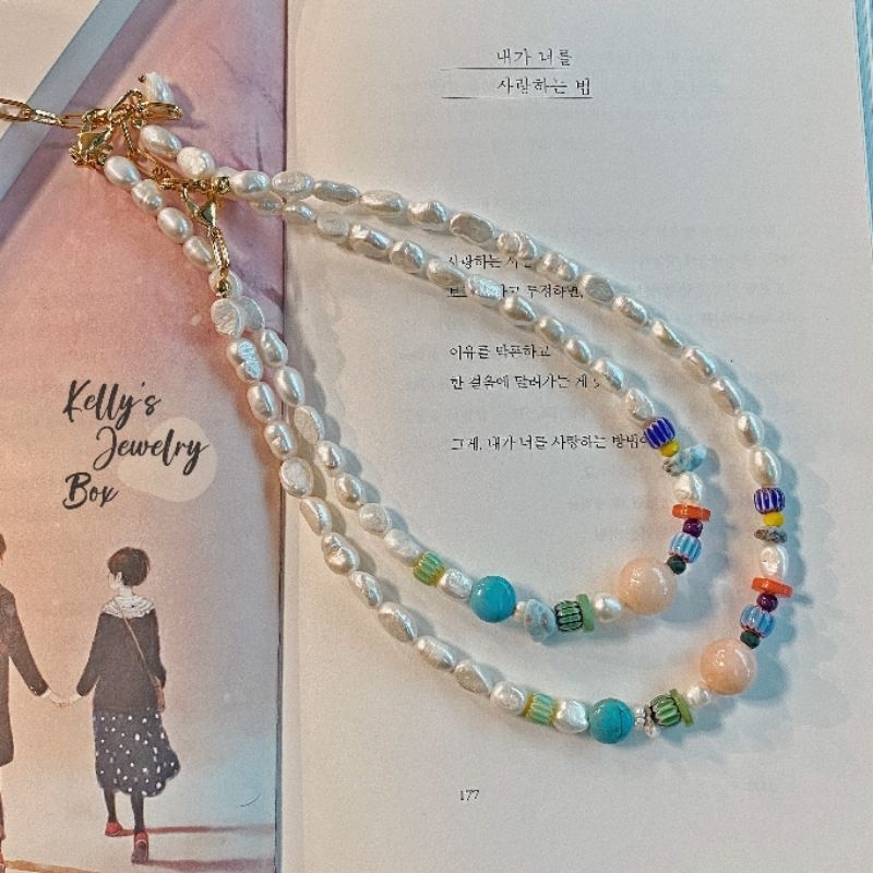 韓國代購 米娜 12月 金柑糖淡水珍珠拼接項鍊
