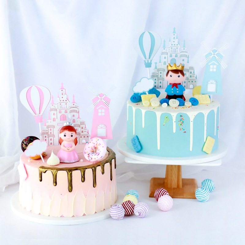 粉色藍色城堡風車熱氣球套組蛋糕插旗&lt;台灣現貨&gt;城堡蛋糕插旗 熱氣球蛋糕裝飾 風車蛋糕裝飾 派對道具 烘焙道具
