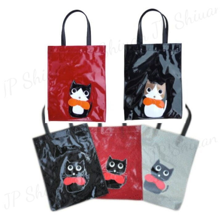🌟現貨🌟日本 日本製 PVC  防水 可愛 貓咪 圖案 手提袋 便當袋 收納袋 黑色 紅色 綠色 日本正版