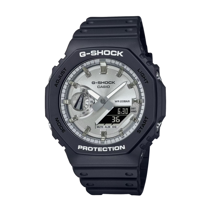 【CASIO G-SHOCK】冷豔金屬感八角雙顯腕錶-霧黑銀/GA-2100SB-1A/台灣總代理公司貨享一年保固