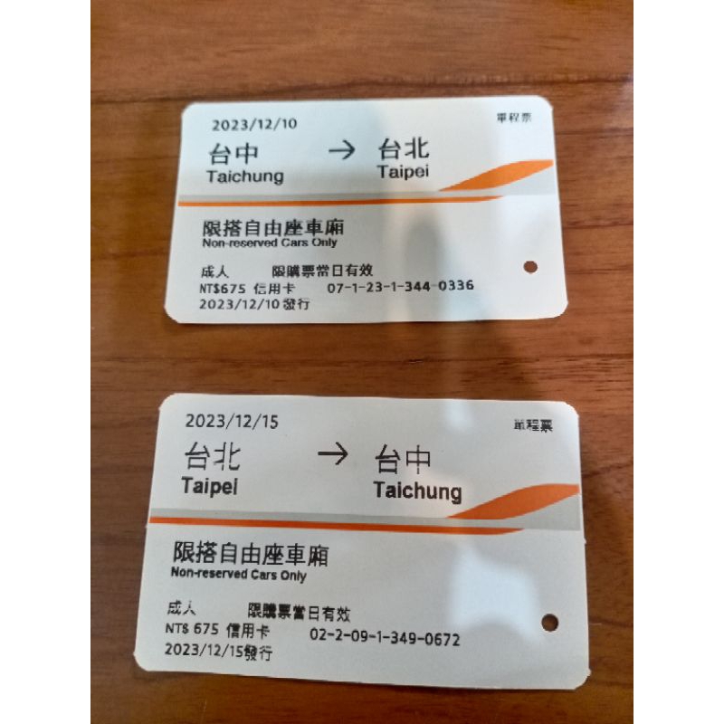 高鐵票根供收藏~2023/12/10台中到台北，12/15台北到台中~~~特價出清！！！