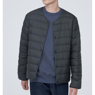 全新專櫃真品MUJI 無印良品輕量羽絨抗靜電內裡可攜帶式深灰色無領防寒保暖羽絨外套市價1590