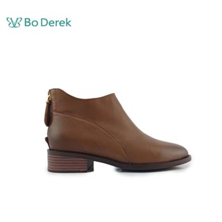 Bo Derek 復古縫線皮革拼接後拉鍊低跟短靴-棕色