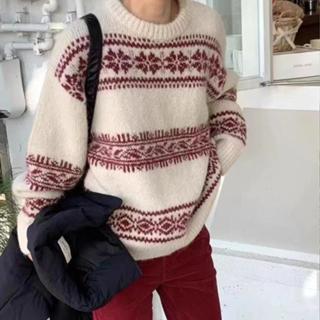 衣時尚 針織衫 上衣 毛線衣 保暖 新款寬鬆加厚聖誕款式針織上衣復古民族風圓領套頭毛衣1F060-6829.