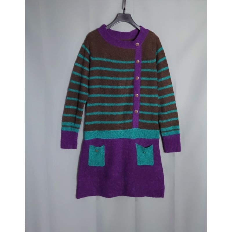 日牌w closet排扣設計咖啡紫色配色長袖針織洋裝 B1213【點點藏物】
