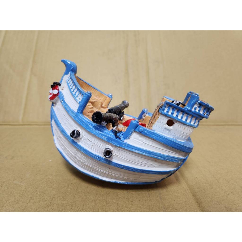 【現貨】海盜船 沈船 沉船 木船 藍白色 仿真 水族飾品 造景 擺飾 魚缸裝飾 魚蝦躲藏