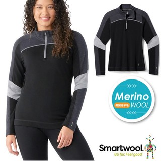 【SmartWool】女 款美麗諾羊毛長袖拉鍊T恤-撞色 Thermal 半開襟休閒上衣 黑/炭黑 SW016688
